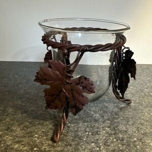 Decorative Glass Vase with Metal Leaf Accents